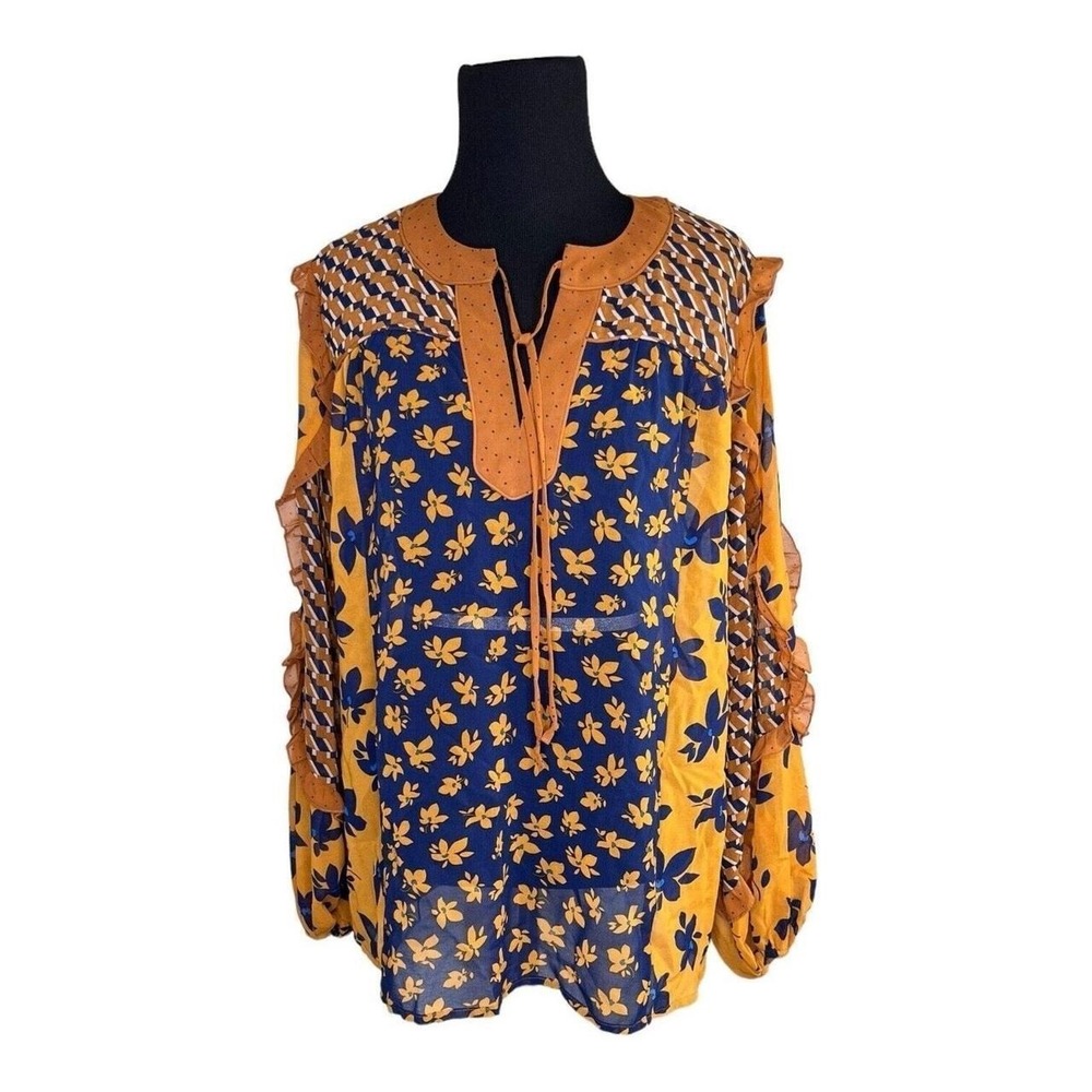 Cabi Womens Harmony Blue & Mustard Floral & Geometric‎ Blouse Size S Boho Blousy